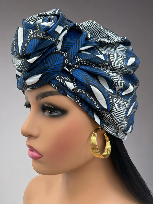 Blue Ankara Print Flower Turban Cap – Double-Layered Satin Lined Pre-Tied Headwrap for Women UK - Fatisha Boutique #