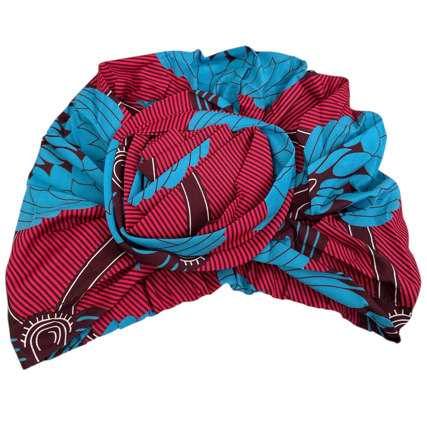Elegant Red & Blue Ankara Pre-Tied Flower Turban, Double-Layer Satin Lined, Ready to Wear