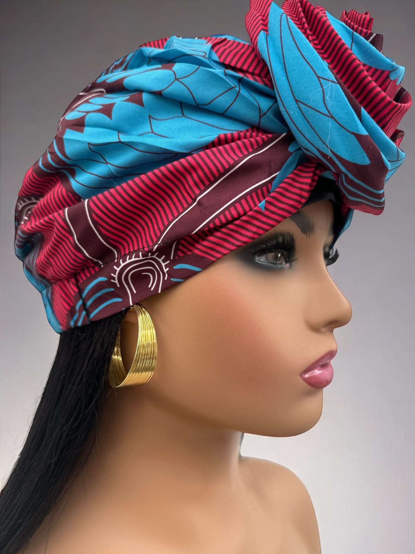 Elegant Red & Blue Ankara Pre-Tied Flower Turban, Double-Layer Satin Lined, Ready to Wear