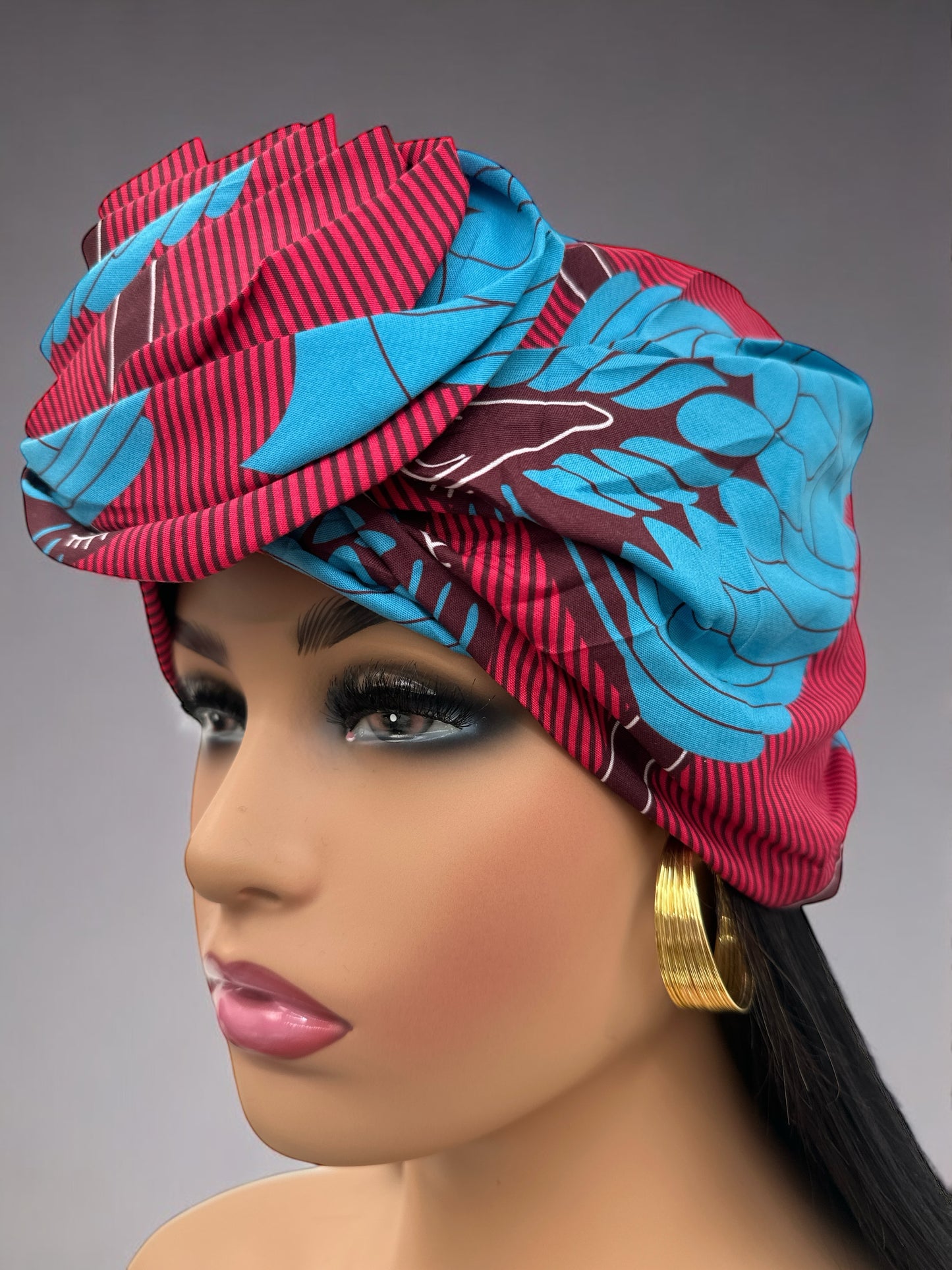 Elegant Red & Blue Ankara Pre-Tied Flower Turban, Double-Layer Satin Lined, Ready to Wear