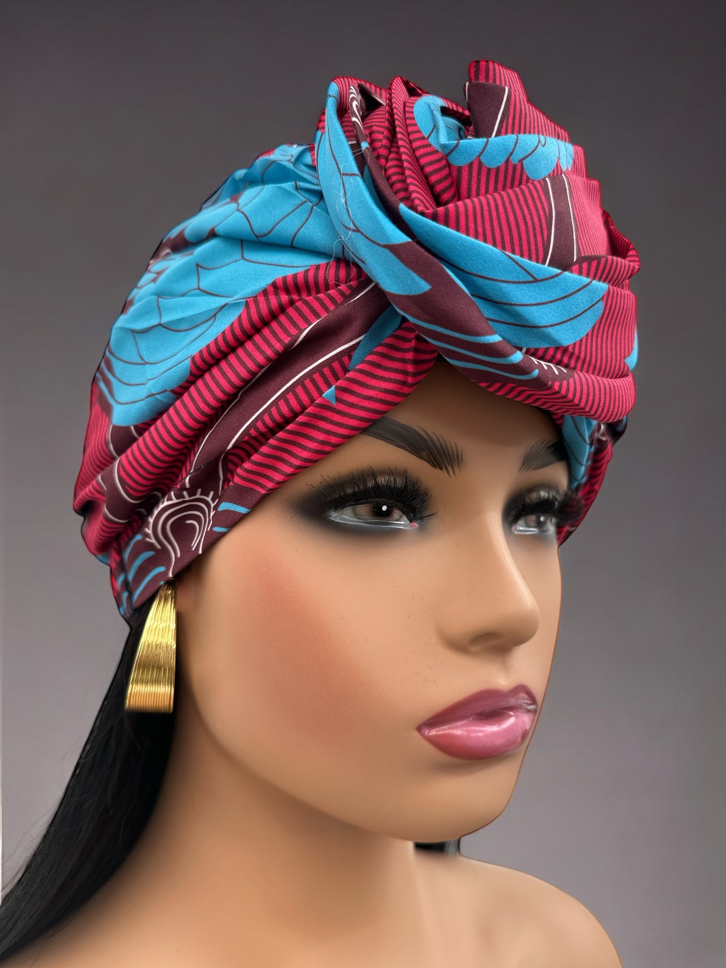 Elegant Red & Blue Ankara Pre-Tied Flower Turban, Double-Layer Satin Lined, Ready to Wear