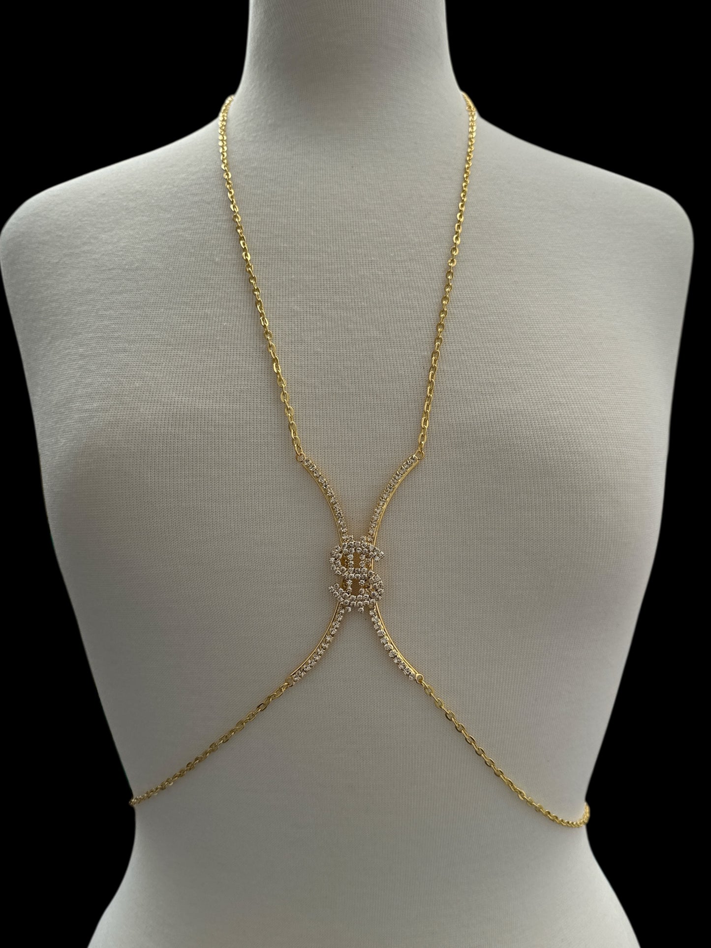Rhinestone Dollar Sign Body Chain Jewellery – Statement Bling in Gold & Silver for Bold Outfits - Fatisha Boutique #