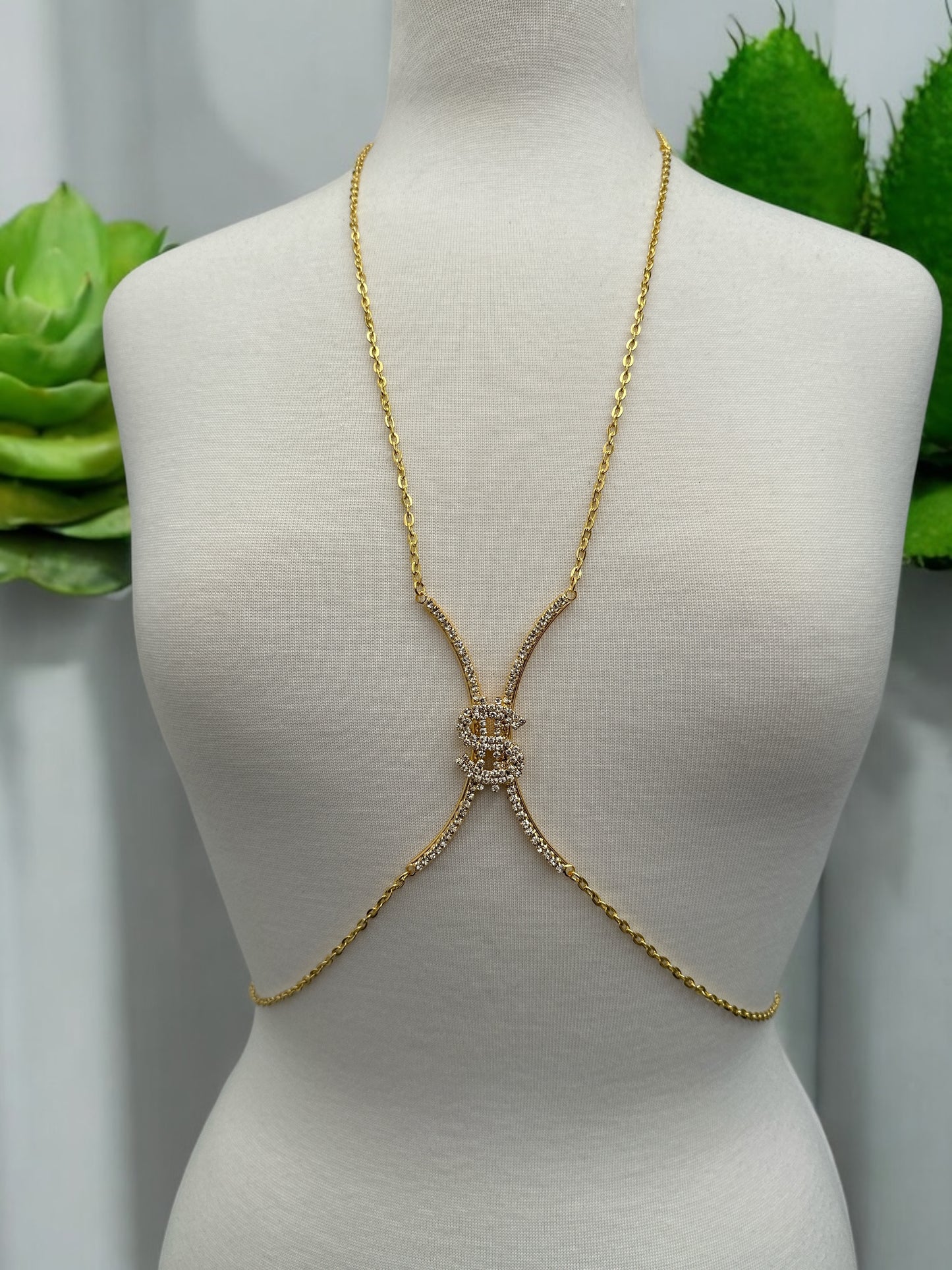 Rhinestone Dollar Sign Body Chain Jewellery – Statement Bling in Gold & Silver for Bold Outfits - Fatisha Boutique #