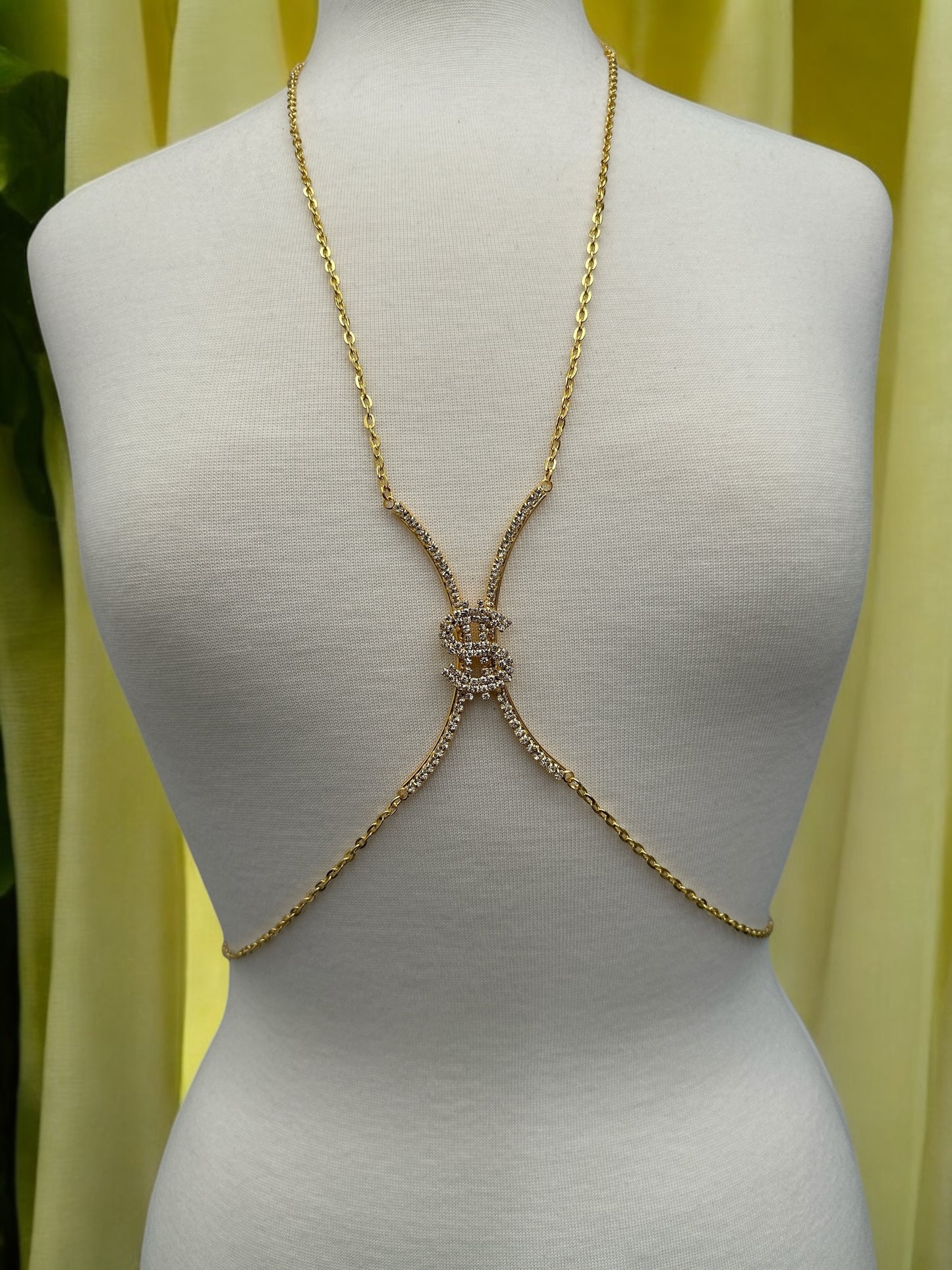 Rhinestone Dollar Sign Body Chain Jewellery – Statement Bling in Gold & Silver for Bold Outfits - Fatisha Boutique #