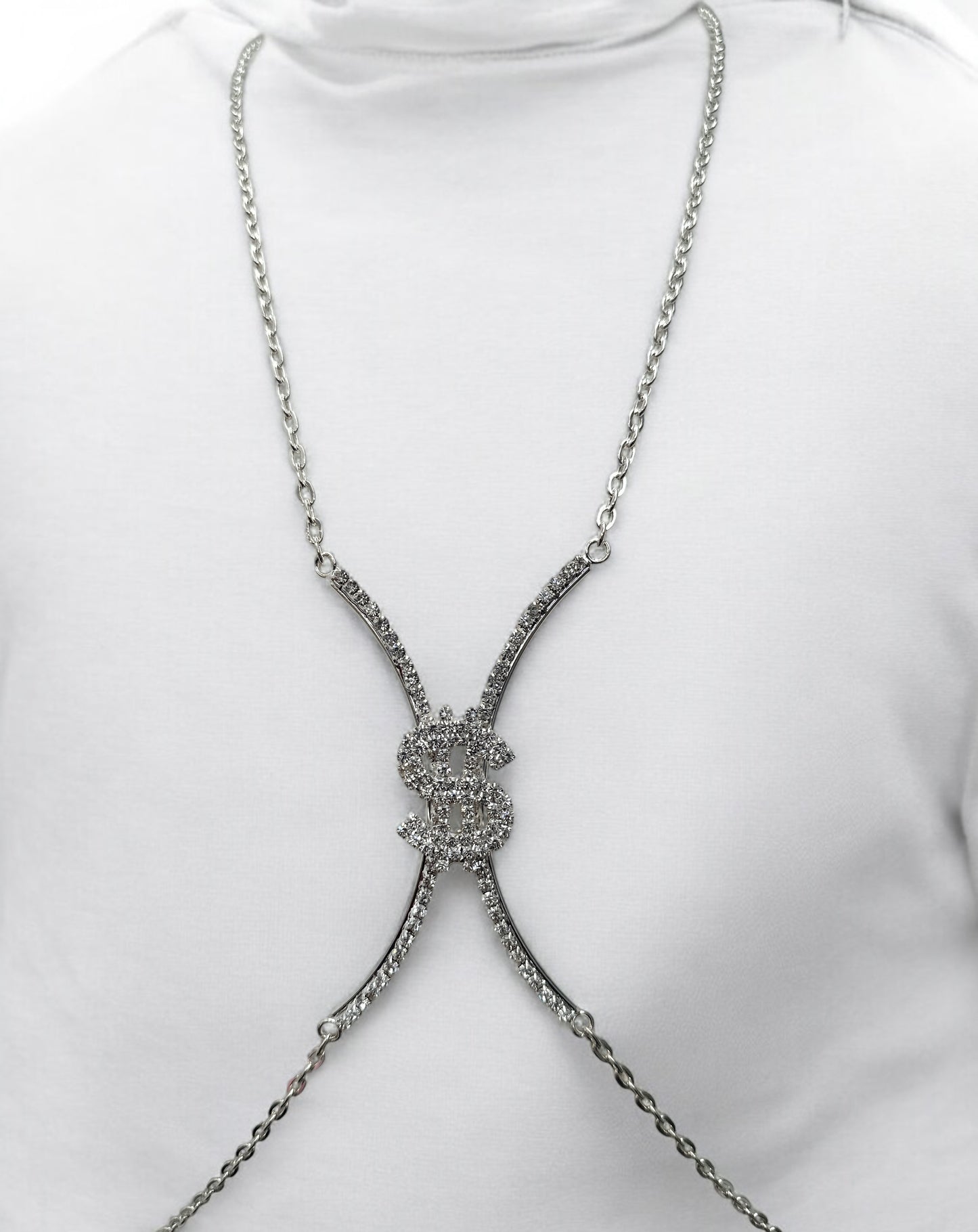 Rhinestone Dollar Sign Body Chain Jewellery – Statement Bling in Gold & Silver for Bold Outfits - Fatisha Boutique #