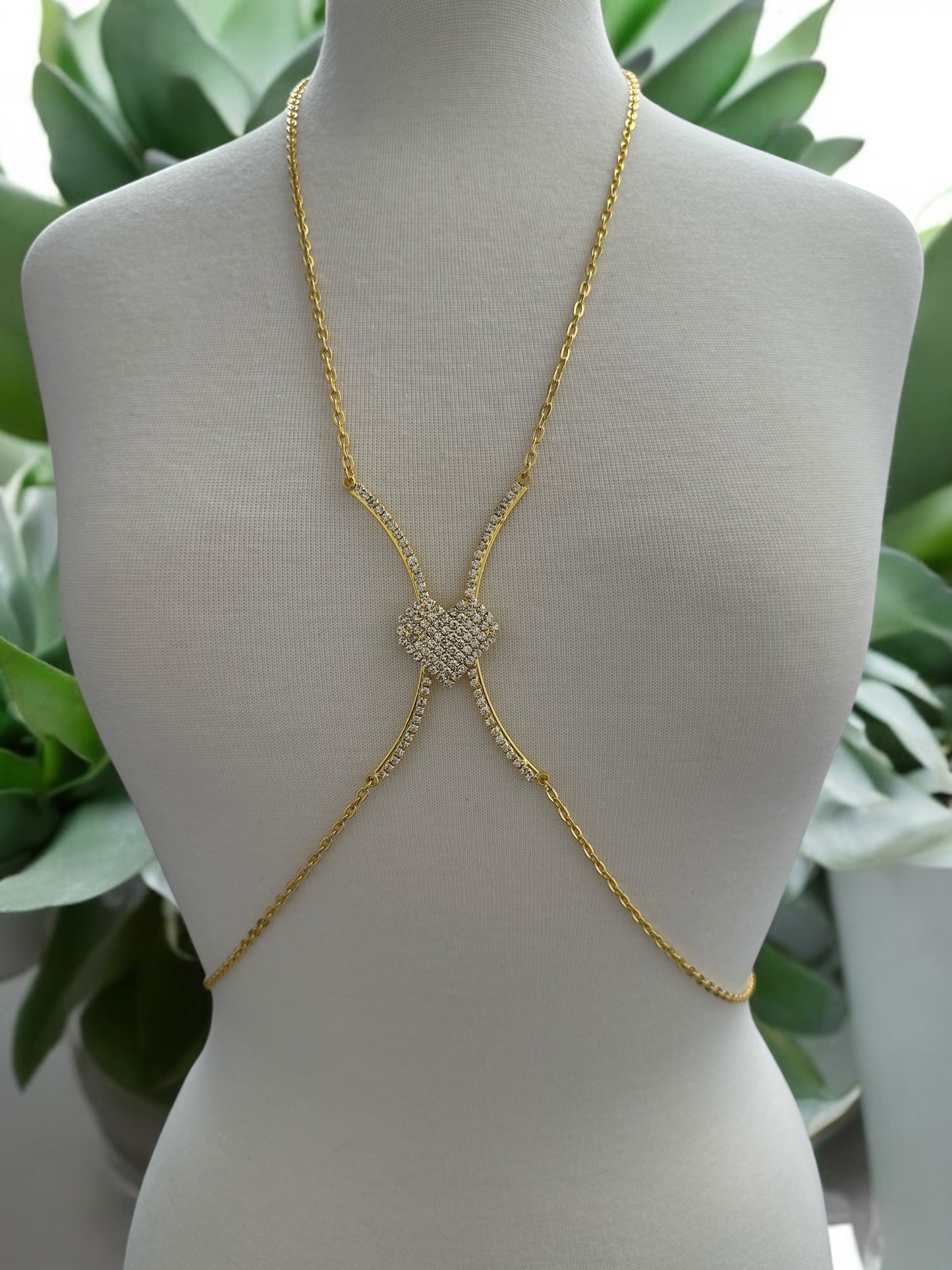 Heart Rhinestone Body Chain – Adjustable Gold & Silver Body Jewellery for Women UK - Fatisha Boutique #