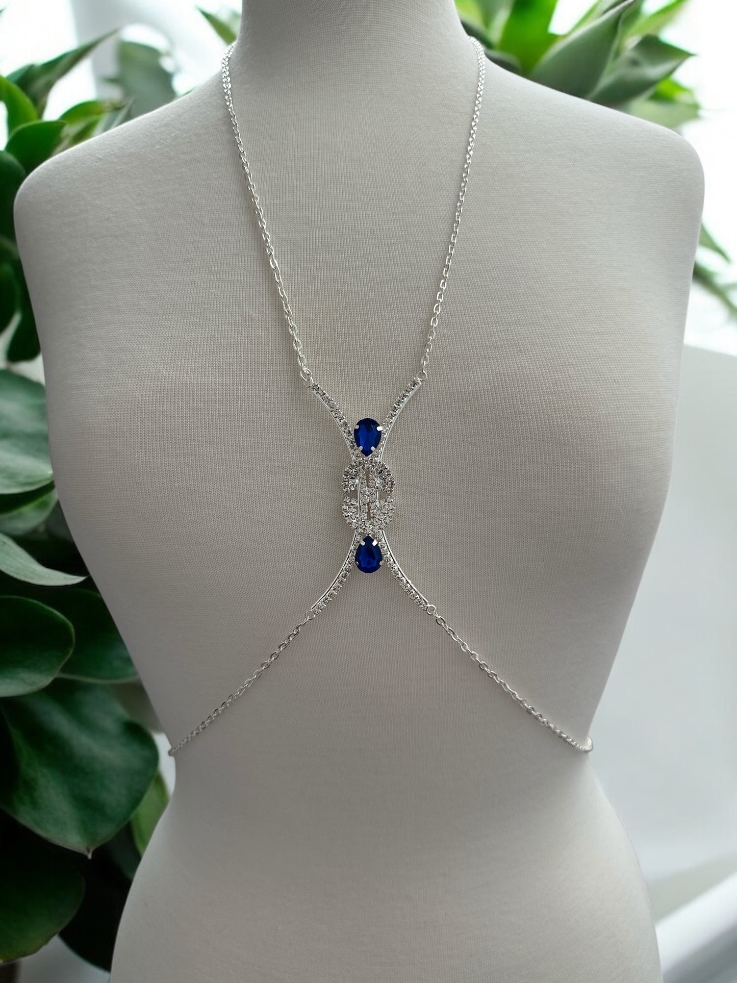 Blue Gem Rhinestone Body Chain – Adjustable Gold & Silver Body Jewellery for Festivals UK