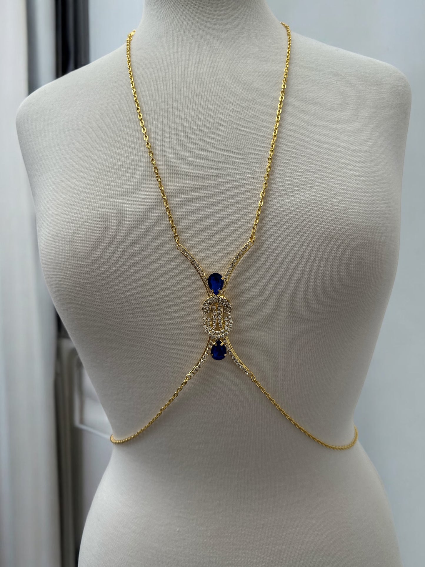 Blue Gem Rhinestone Body Chain – Adjustable Gold & Silver Body Jewellery for Festivals UK