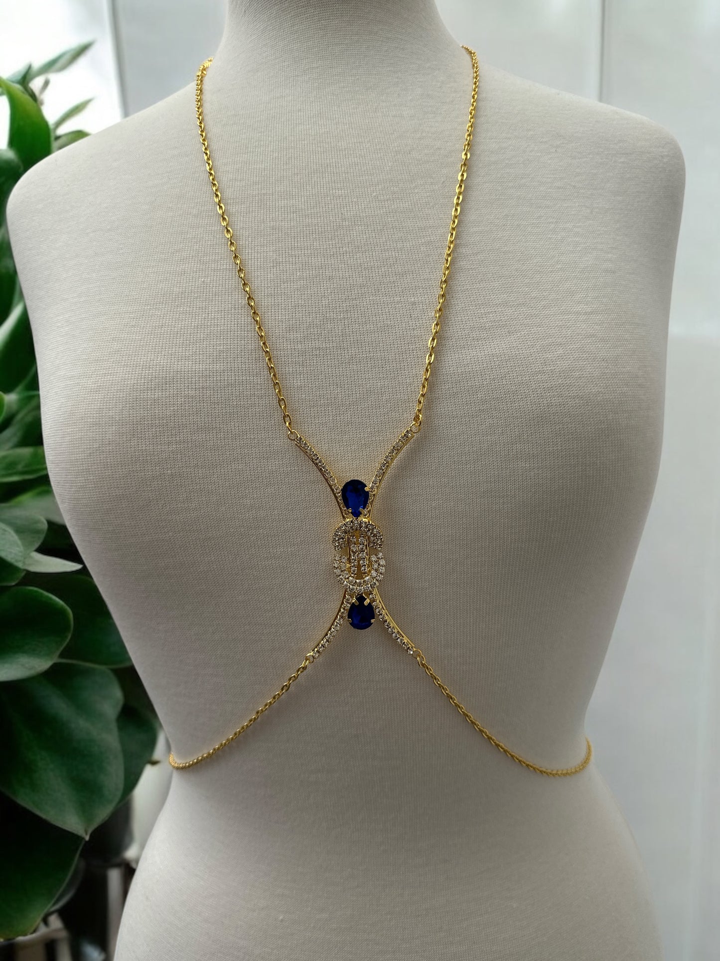 Blue Gem Rhinestone Body Chain – Adjustable Gold & Silver Body Jewellery for Festivals UK