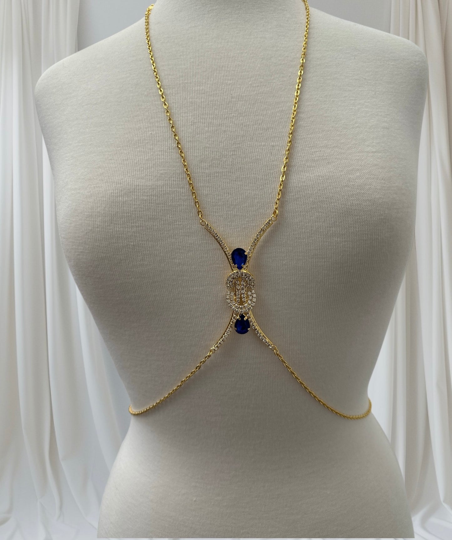 Blue Gem Rhinestone Body Chain – Adjustable Gold & Silver Body Jewellery for Festivals UK