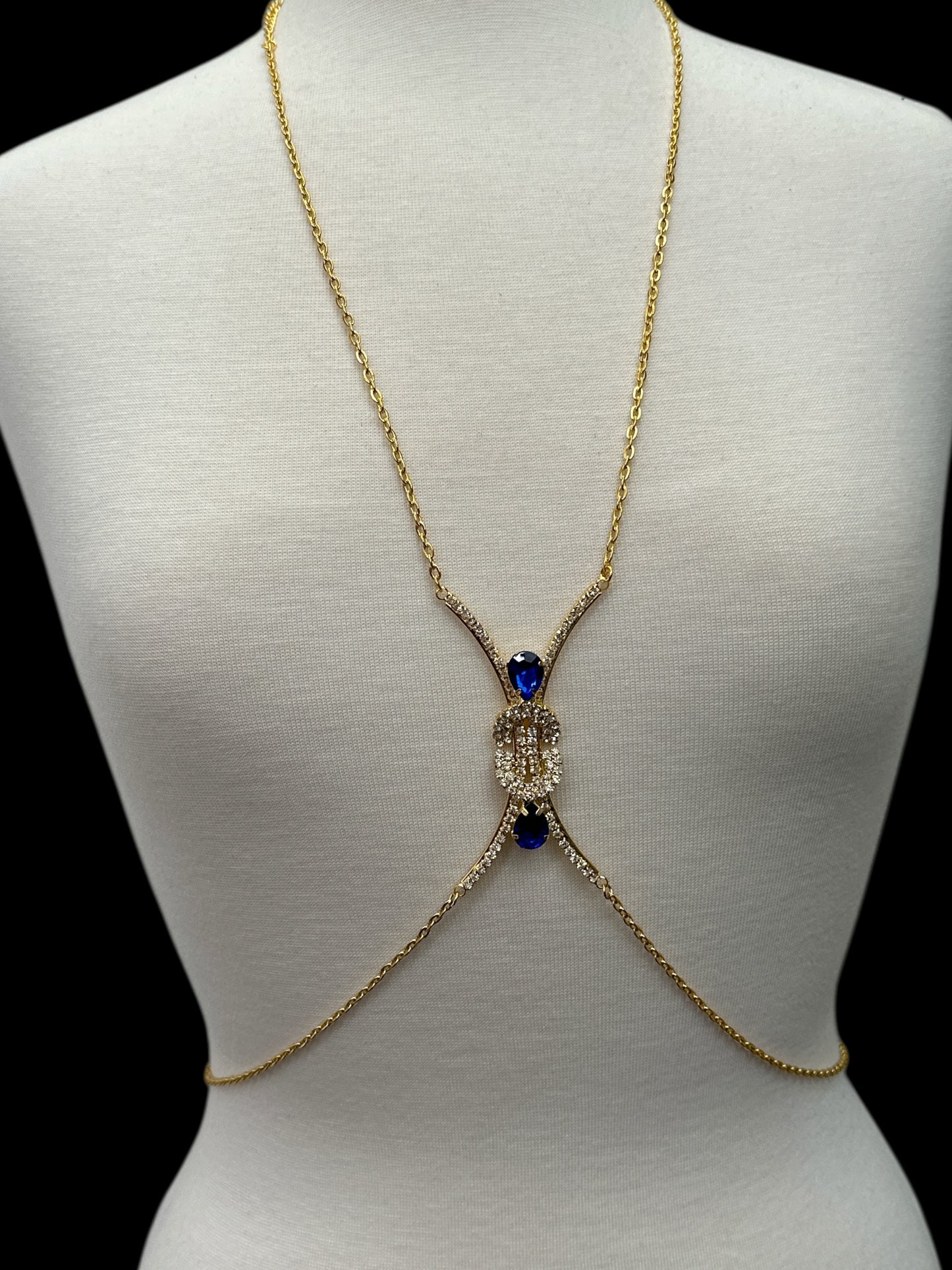 Blue Gem Rhinestone Body Chain – Adjustable Gold & Silver Body Jewellery for Festivals UK