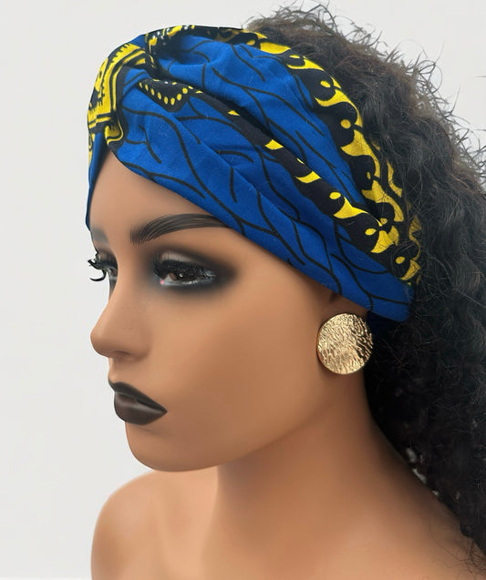 Bold Blue & Yellow Ankara African Print Headband – Stretch Turban Hair Wrap for Women - Fatisha Boutique #