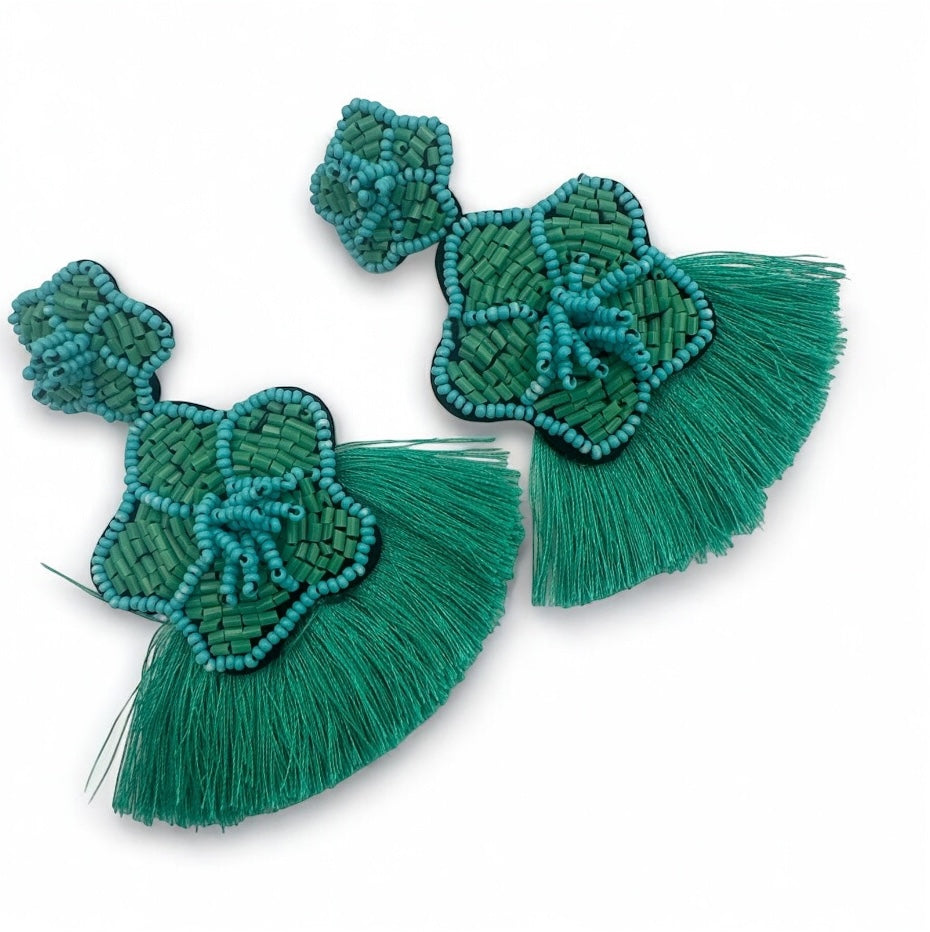 Boho Green Beaded Tassel Statement Earrings – Handmade Summer Festival Jewellery for Women - Fatisha Boutique #
