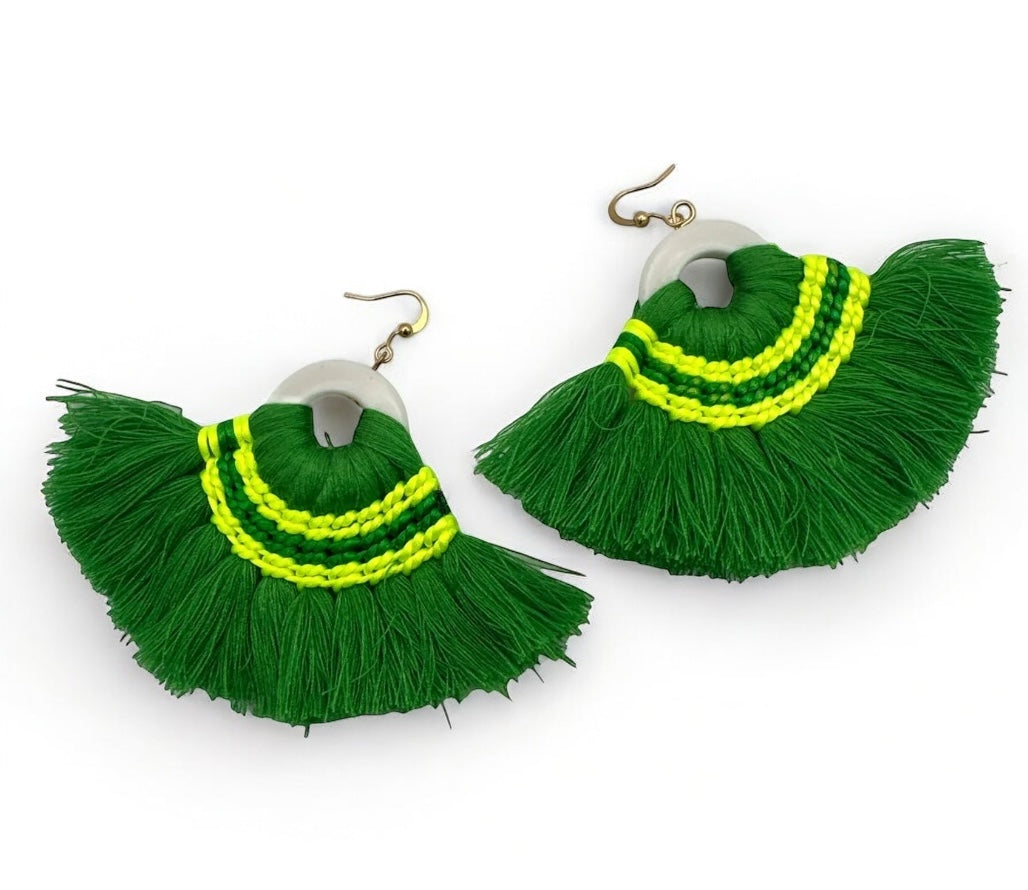 Green Bohemian Thread Tassels Earrings – Handcrafted Statement Summer Festival Jewellery