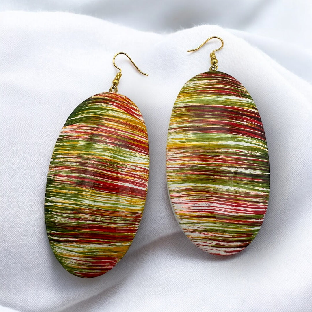 Multicolour Wooden Oval Dangle Earrings – Handcrafted Boho Statement Jewellery - Fatisha Boutique #