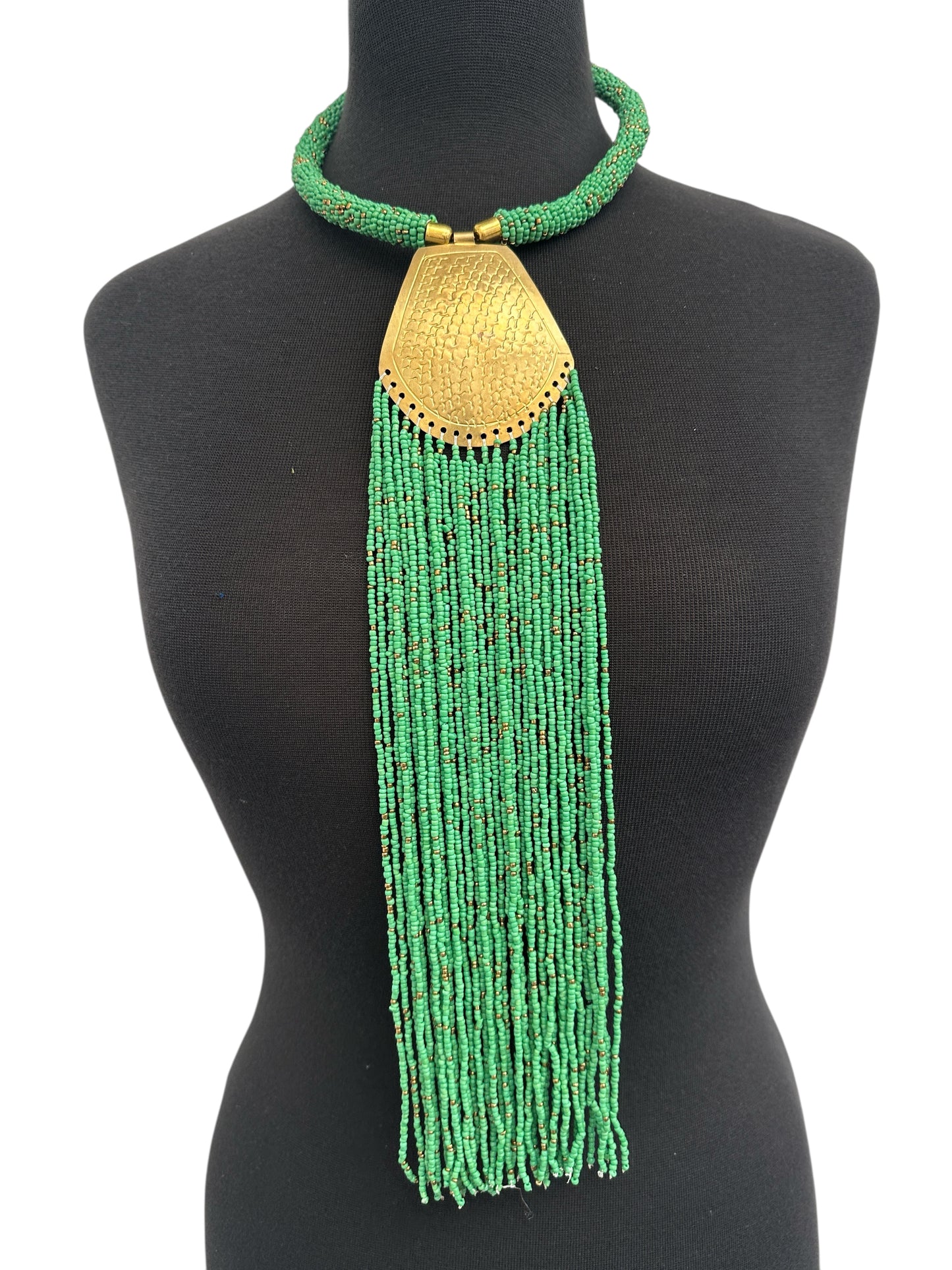 African Brass Pendant Necklace – Long Green Beaded Fringe Tribal Statement Jewellery - Fatisha Boutique #