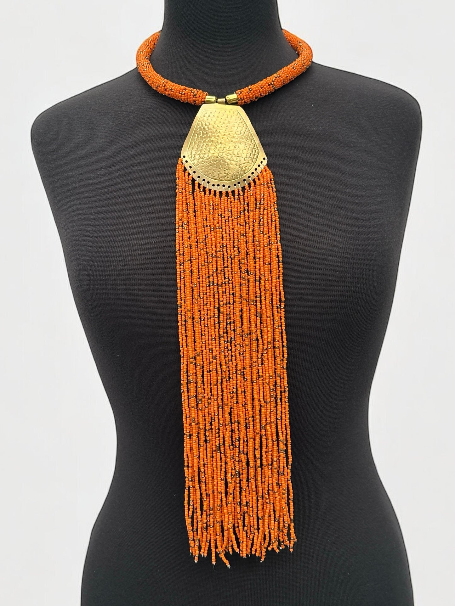 African Brass Pendant Necklace – Long Orange Beaded Fringe Tribal Statement Jewellery