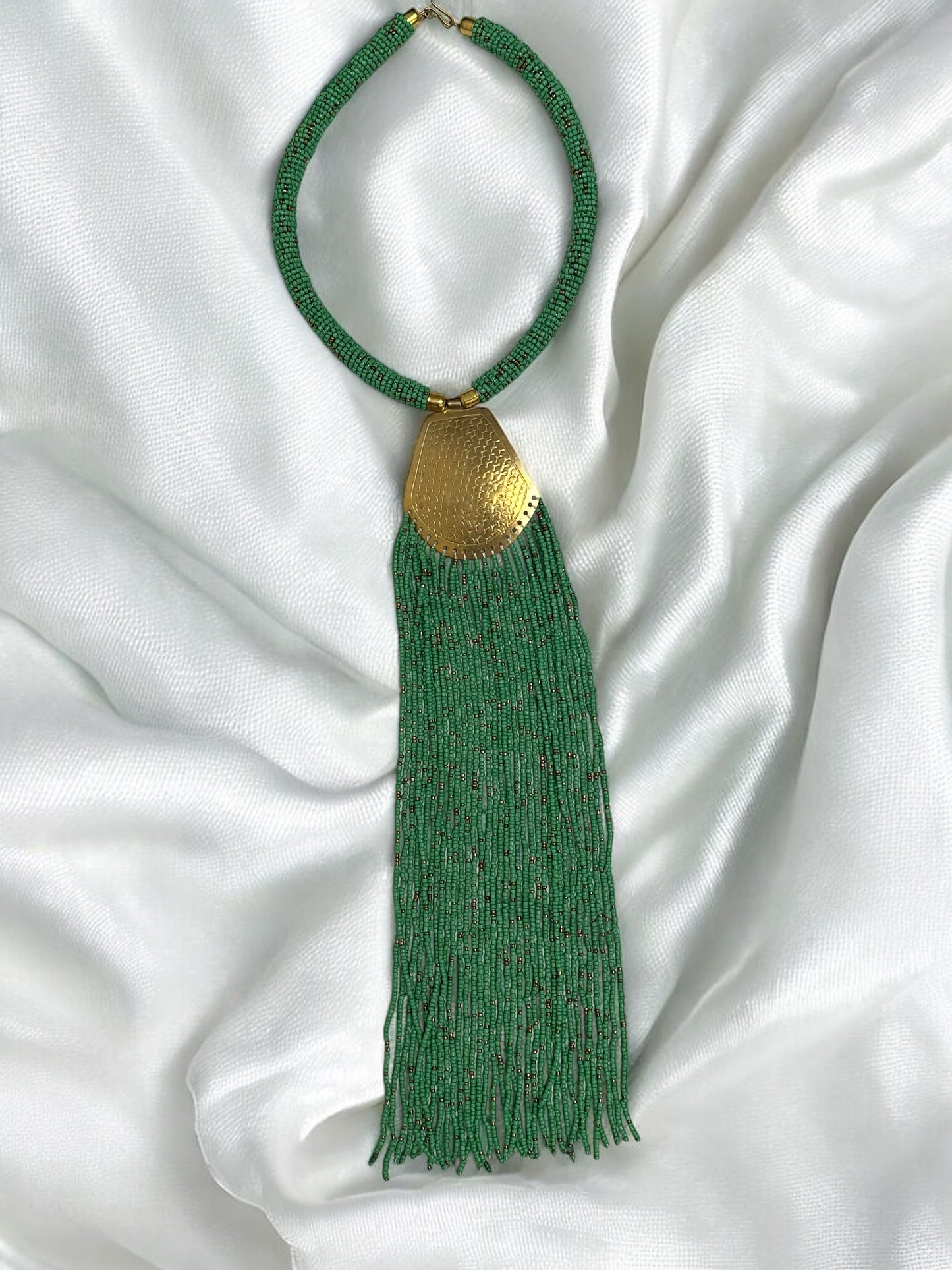 African Brass Pendant Necklace – Long Green Beaded Fringe Tribal Statement Jewellery - Fatisha Boutique #