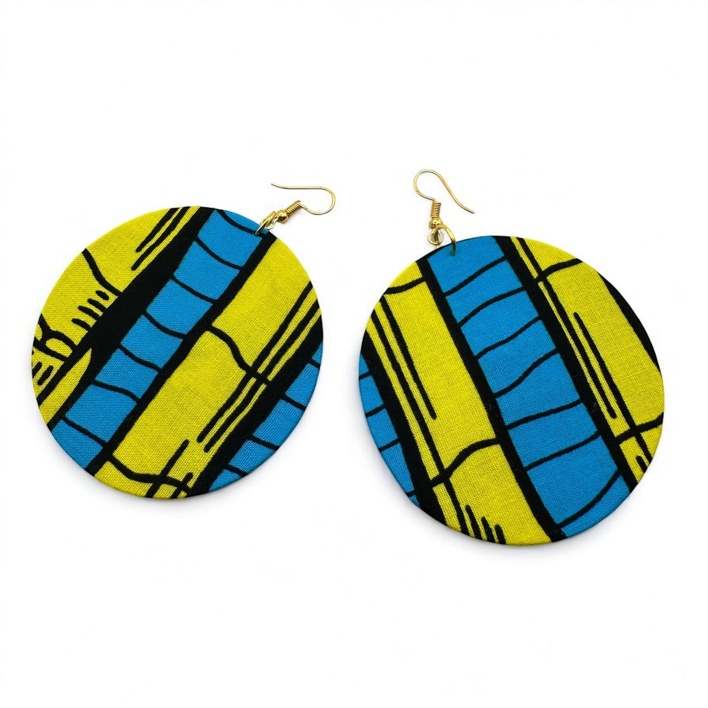 Yellow & Blue Ankara Earrings | Lightweight African Round Fabric Statement Jewellery - Fatisha Boutique #