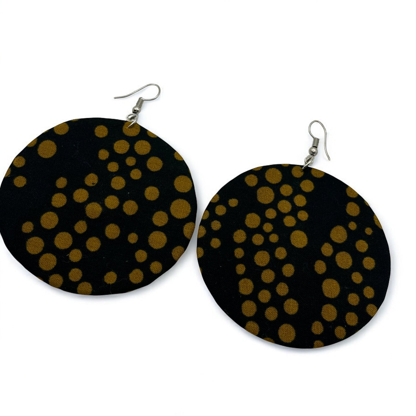 Black & Gold Polka Dot Ankara Earrings | Handmade African Round Fabric Jewellery | Lightweight