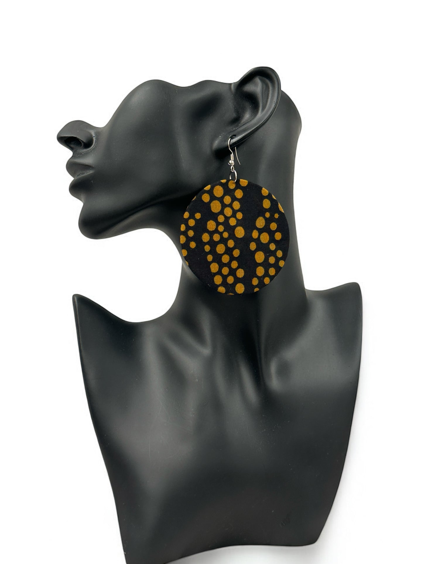 Black & Gold Polka Dot Ankara Earrings | Handmade African Round Fabric Jewellery | Lightweight