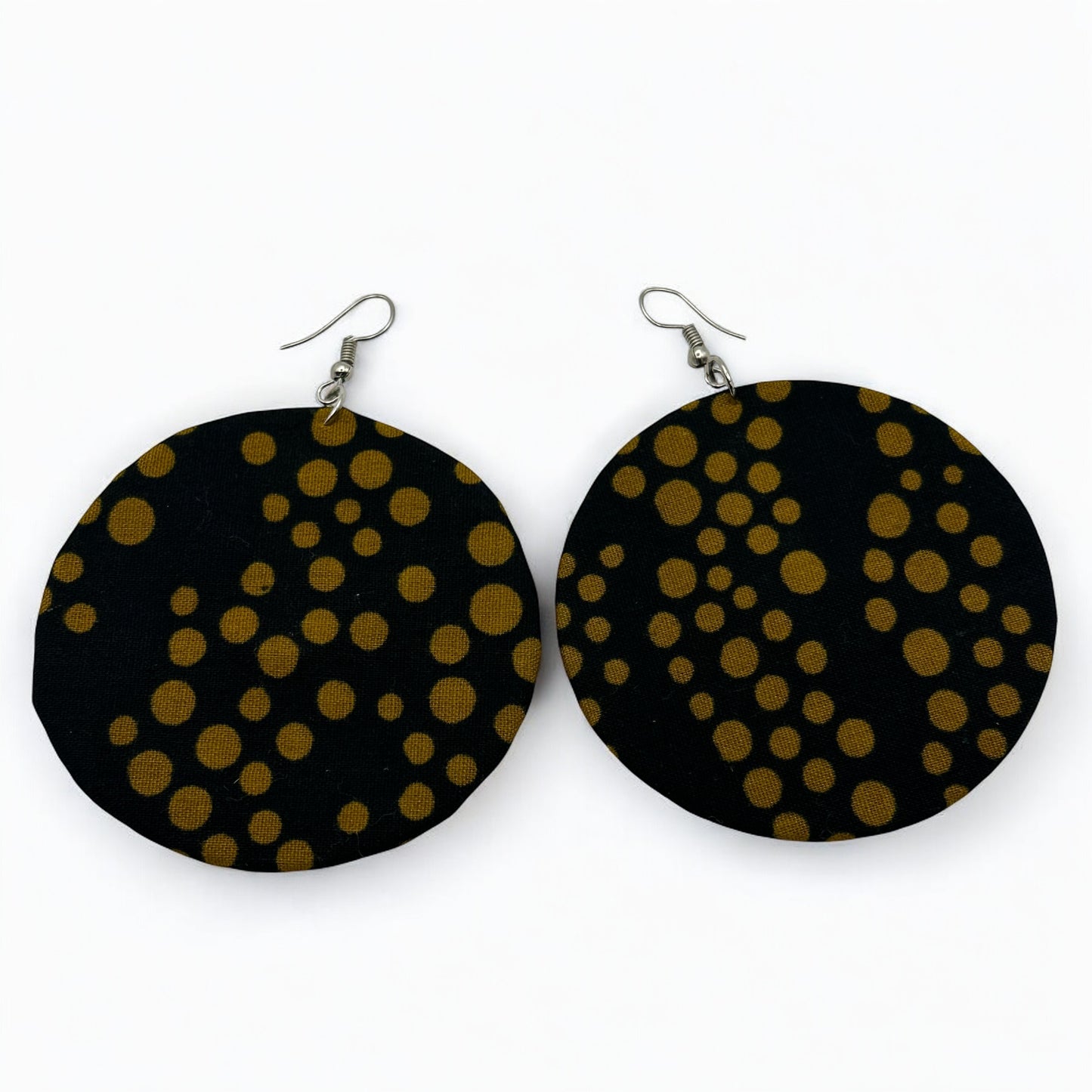 Black & Gold Polka Dot Ankara Earrings | Handmade African Round Fabric Jewellery | Lightweight