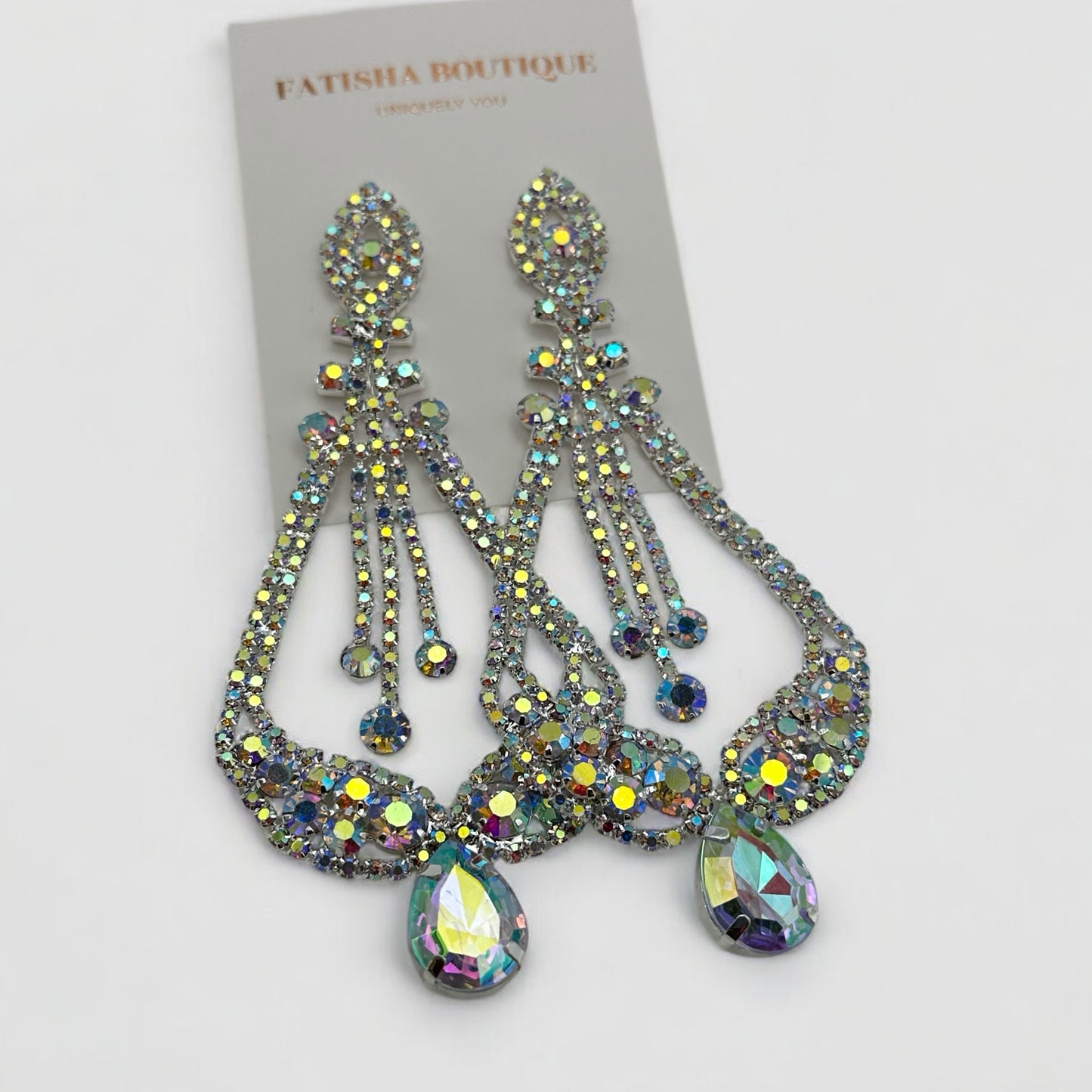 AB Colour Diamante Rhinestone Earrings – Elegant Dangle Studs for Special Occasions - Fatisha Boutique #