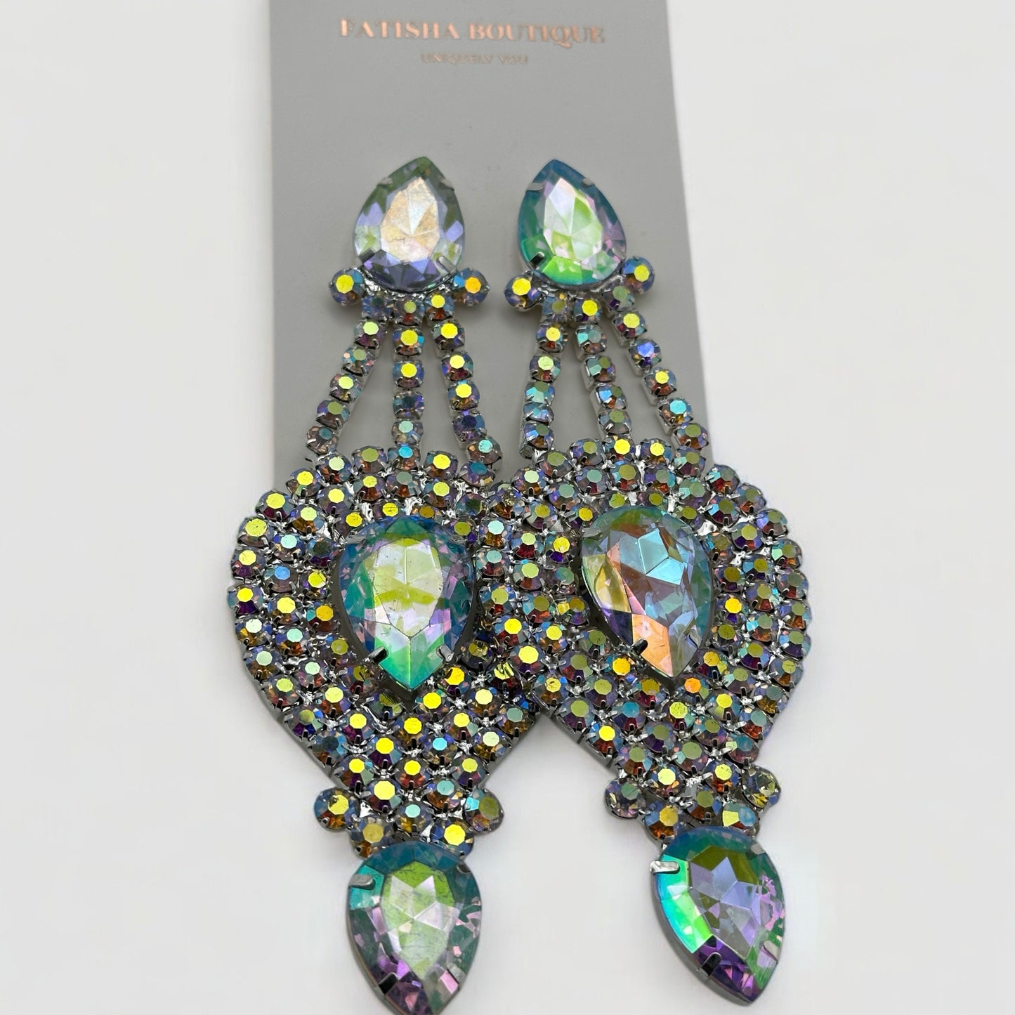 Long Elegant AB Colour Diamante Rhinestones Statement Dangle Earrings - Fatisha Boutique #