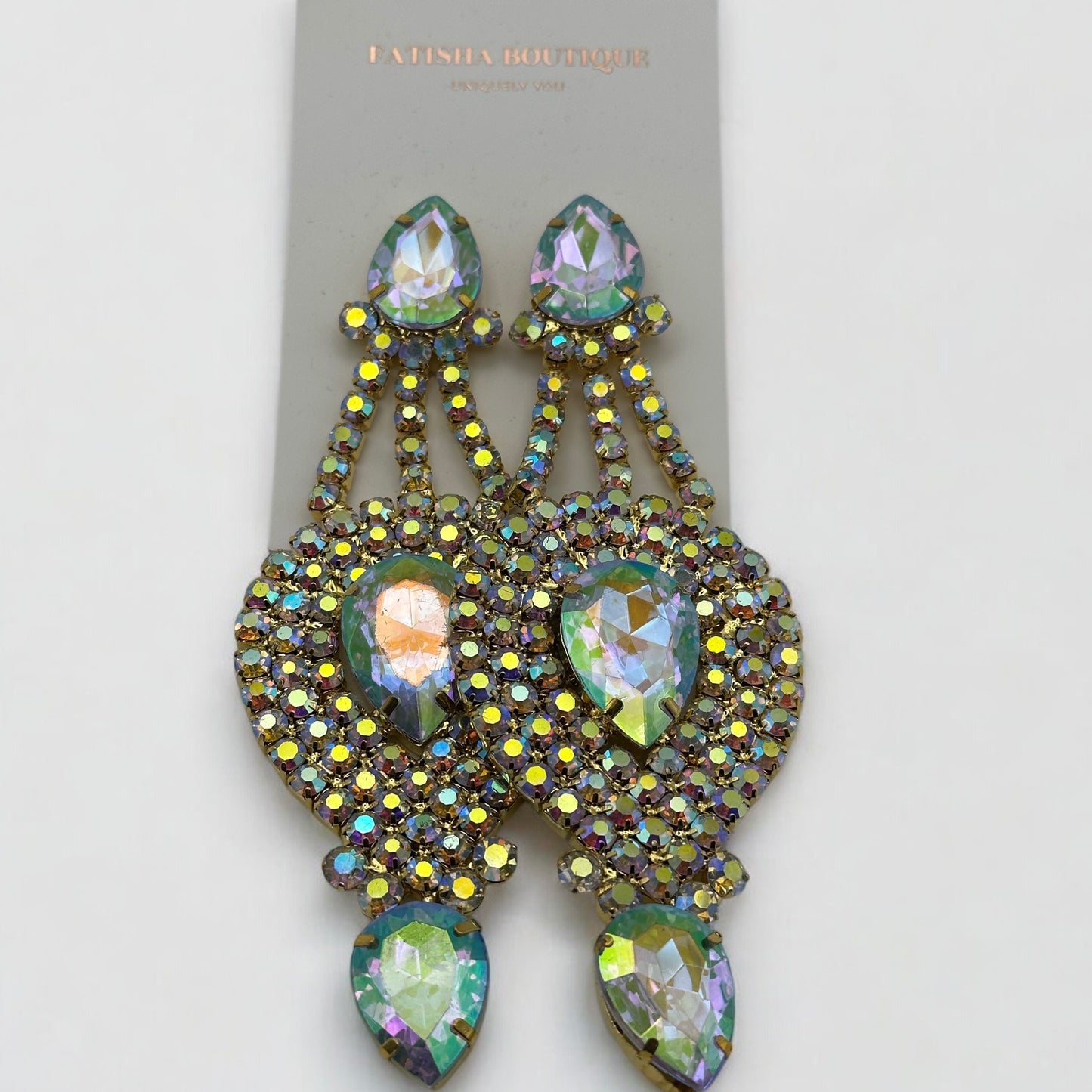 Long Elegant AB Colour Diamante Rhinestones Statement Dangle Earrings - Fatisha Boutique #