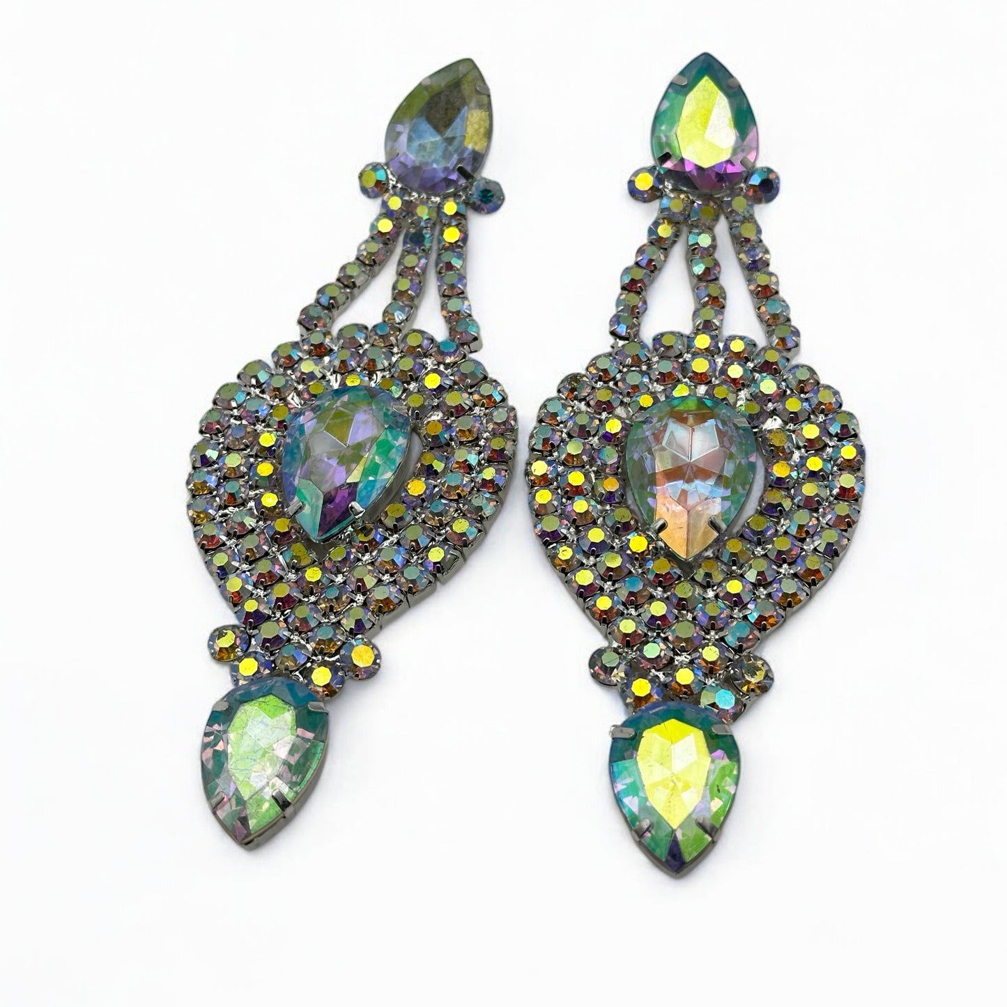 Long Elegant AB Colour Diamante Rhinestones Statement Dangle Earrings - Fatisha Boutique #