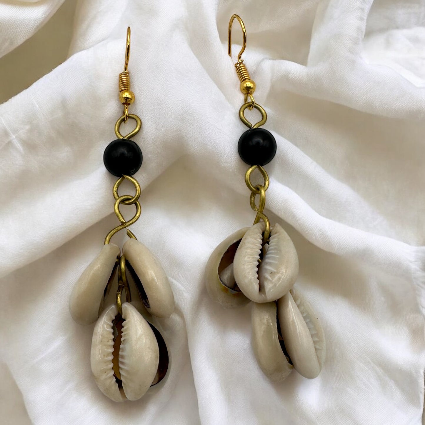 Cluster Cowrie Shell Earrings with Black Beads – African Handmade Dangle | Fatisha Boutique UK