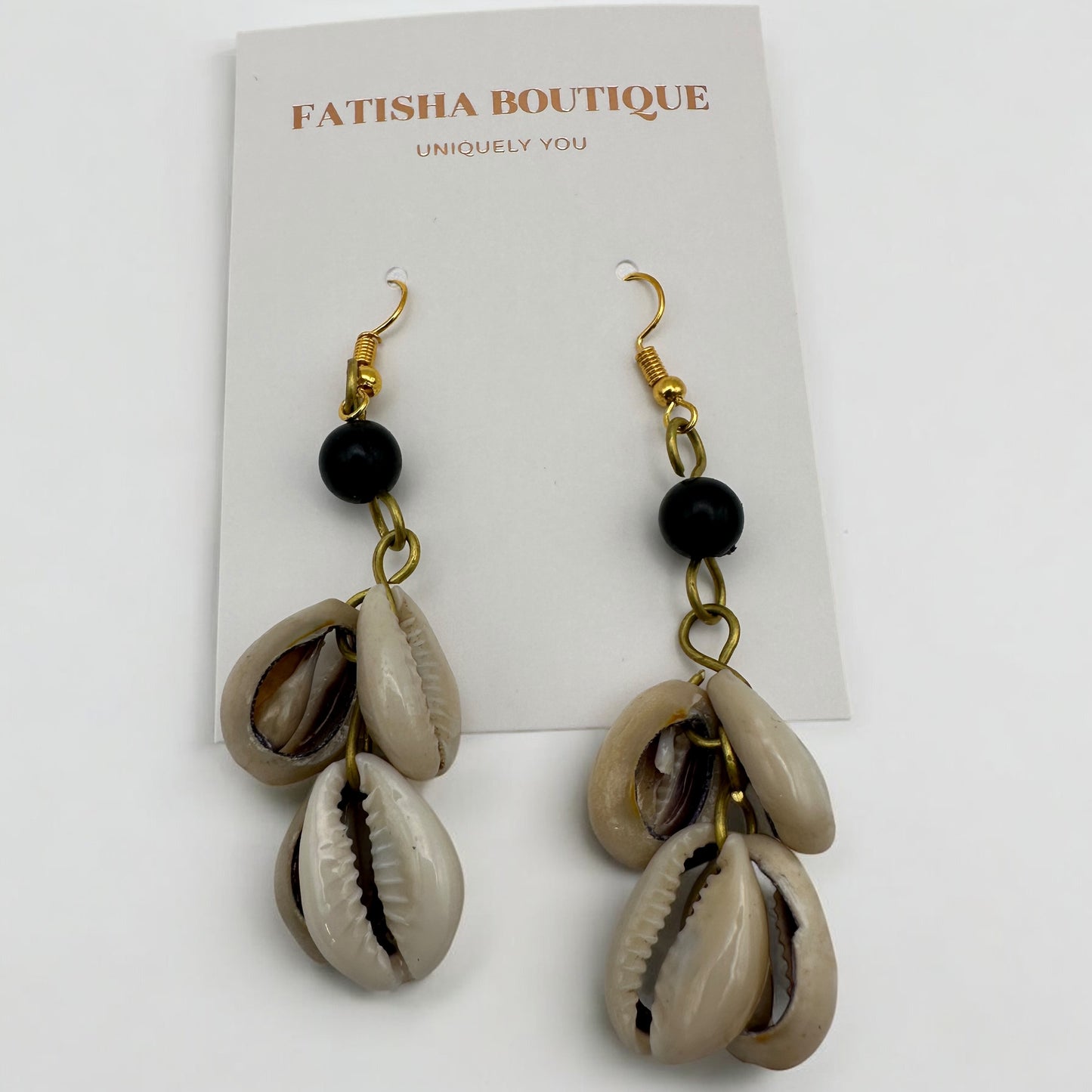 Cluster Cowrie Shell Earrings with Black Beads – African Handmade Dangle | Fatisha Boutique UK