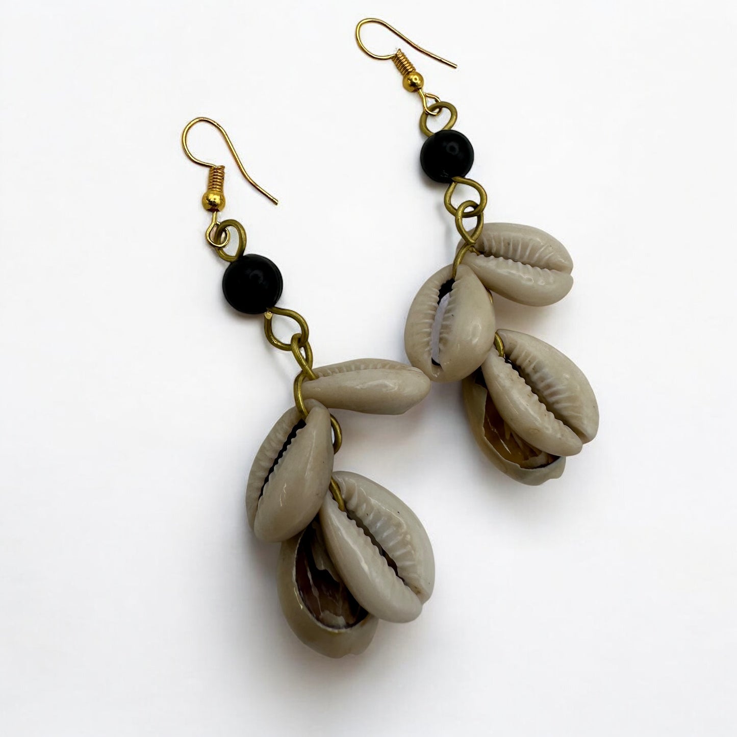 Cluster Cowrie Shell Earrings with Black Beads – African Handmade Dangle | Fatisha Boutique UK