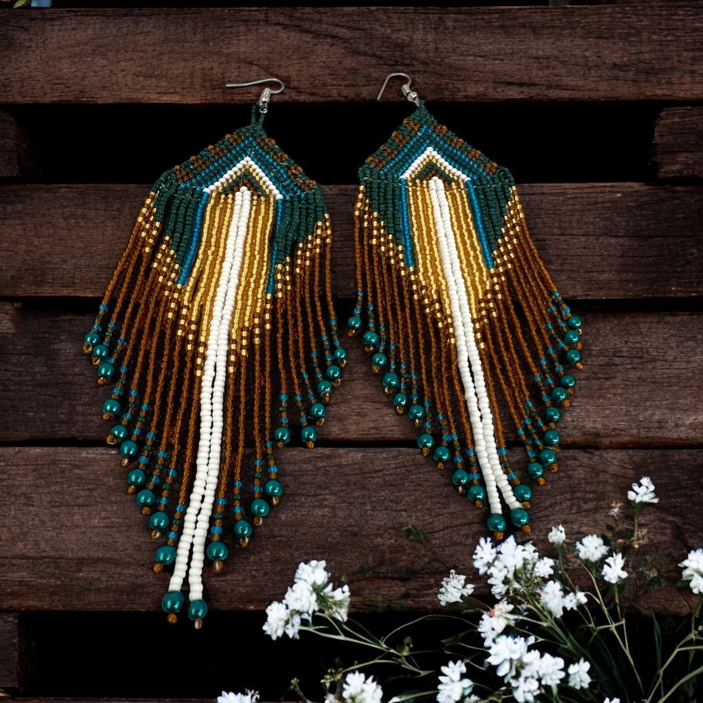 Long Elegant Green Beaded Dangle Earrings – Authentic Handmade Statement Jewellery