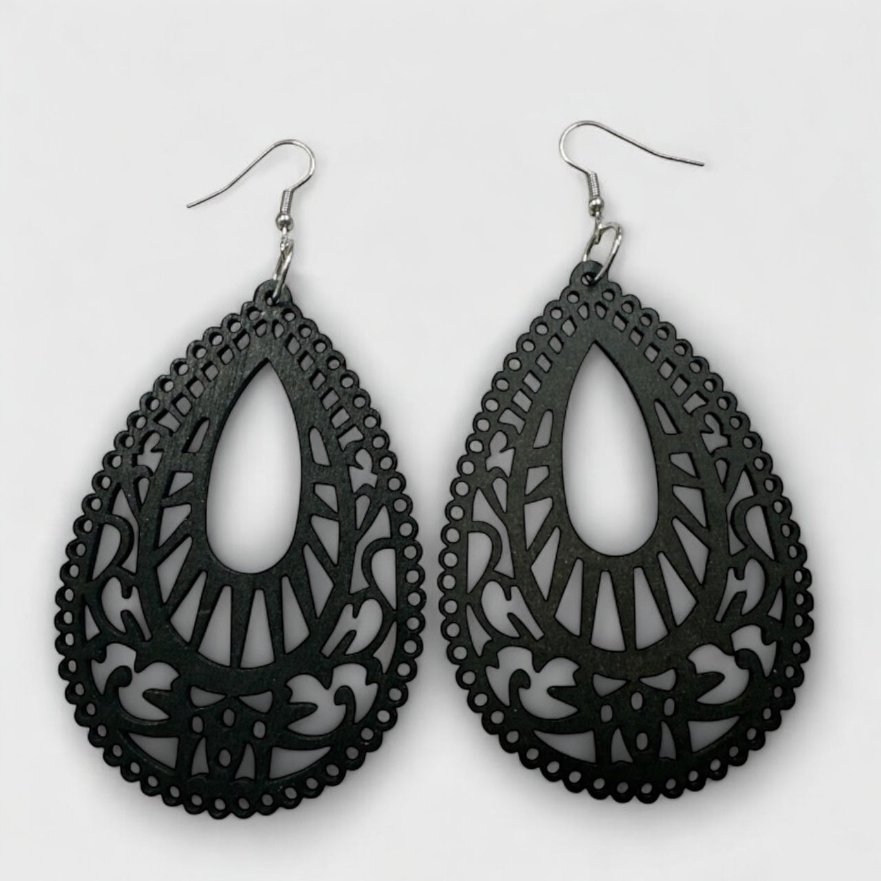 Laser-Cut Wooden Teardrop Earrings – Lightweight Boho Ethnic Style | 2 Colours - Fatisha Boutique #