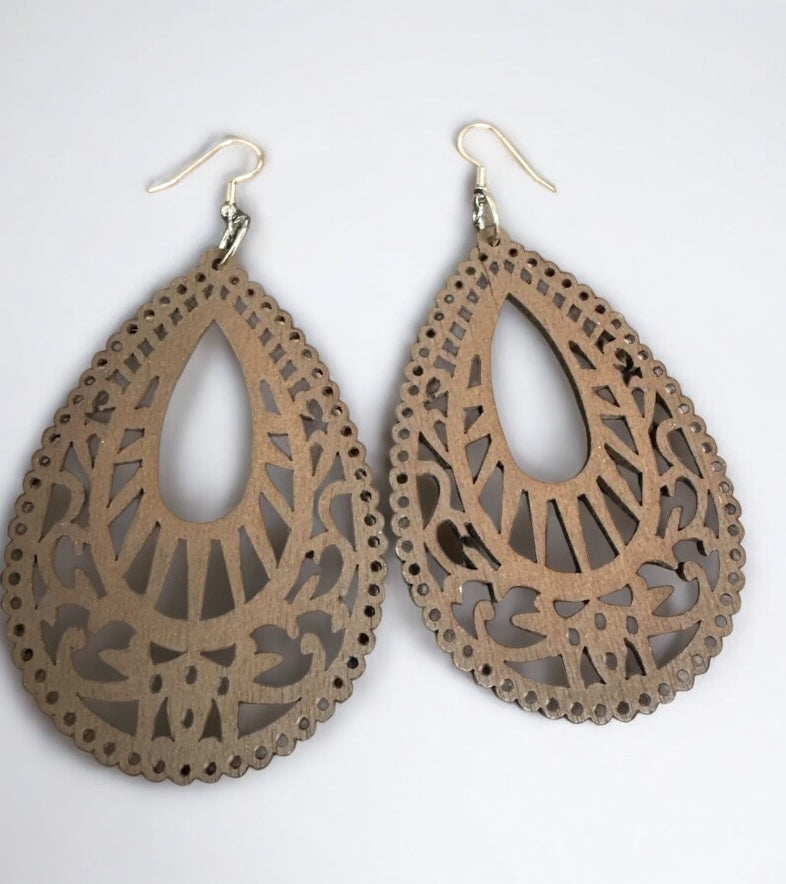 Laser-Cut Wooden Teardrop Earrings – Lightweight Boho Ethnic Style | 2 Colours - Fatisha Boutique #