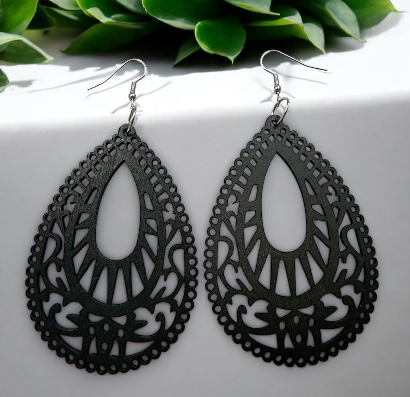 Laser-Cut Wooden Teardrop Earrings – Lightweight Boho Ethnic Style | 2 Colours - Fatisha Boutique #