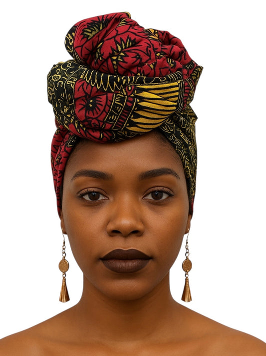 Bold Red & Black African Ankara Head Wrap – Gold Accents Tribal Wax Fabric for Hair - Fatisha Boutique #