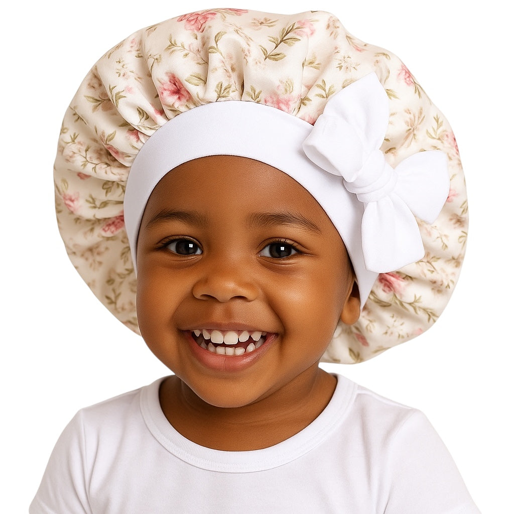 Kids Satin Silk Bonnet with Bow | Girls Floral Sleep Cap – Hair Protector for Curly & Straight Hair - Fatisha Boutique #