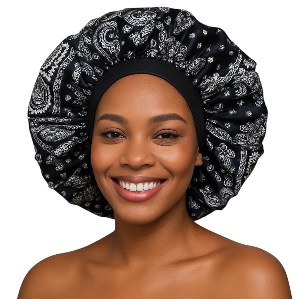 Printed Satin Silk Bonnet with Black Elastic Band – Single Layer, Frizz-Free Hair Cap