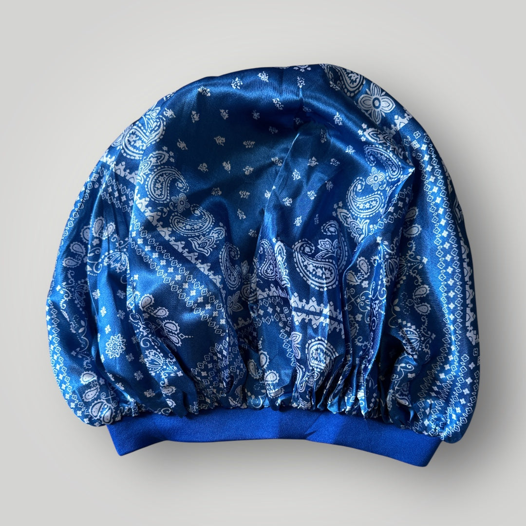 Printed Satin Silk Bonnet with Black Elastic Band – Single Layer, Frizz-Free Hair Cap - Fatisha Boutique #