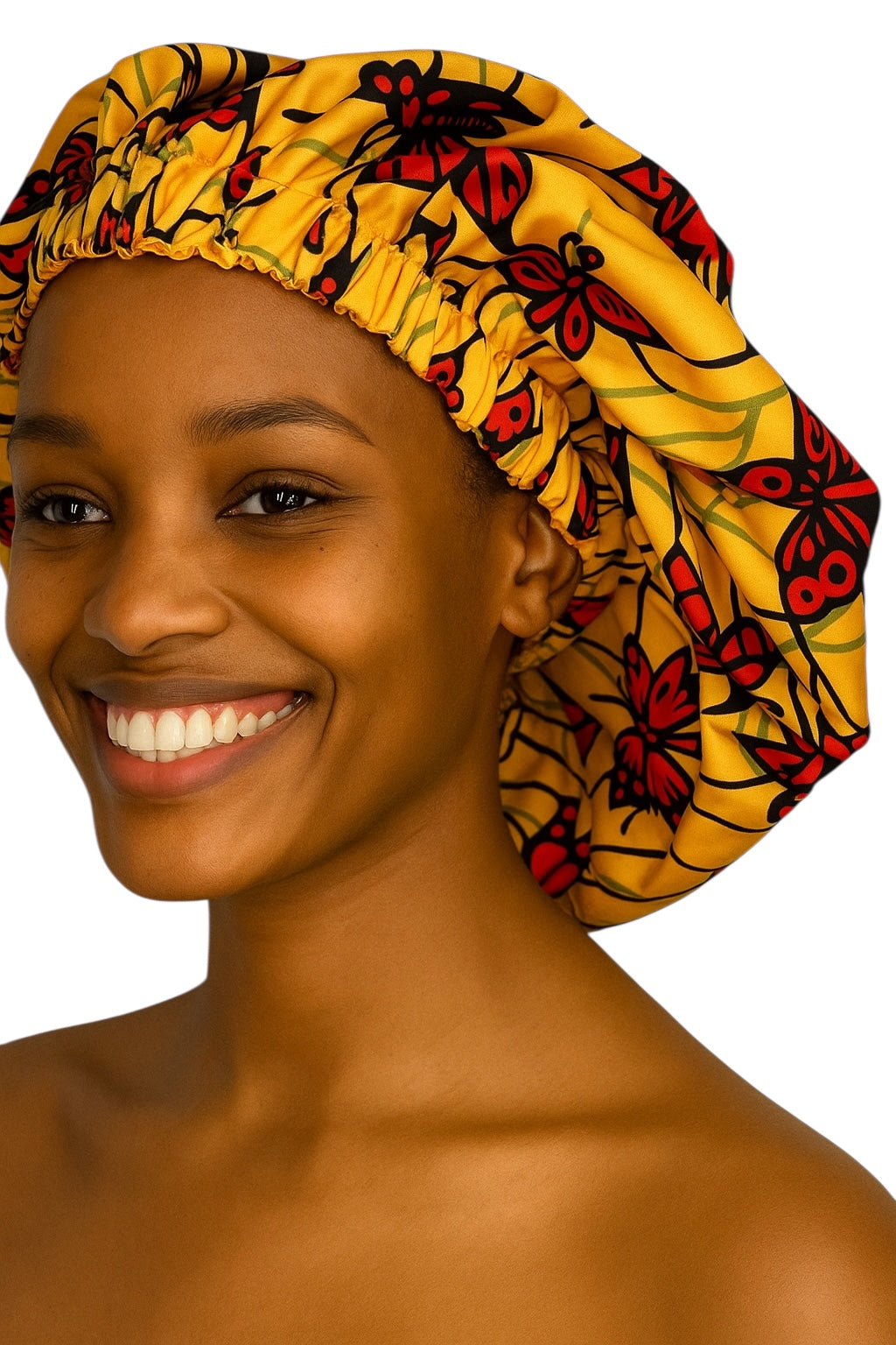 Bold Butterfly Print Satin Silk Bonnet – Yellow & Red Hair Wrap for Braids & Curls UK - Fatisha Boutique #