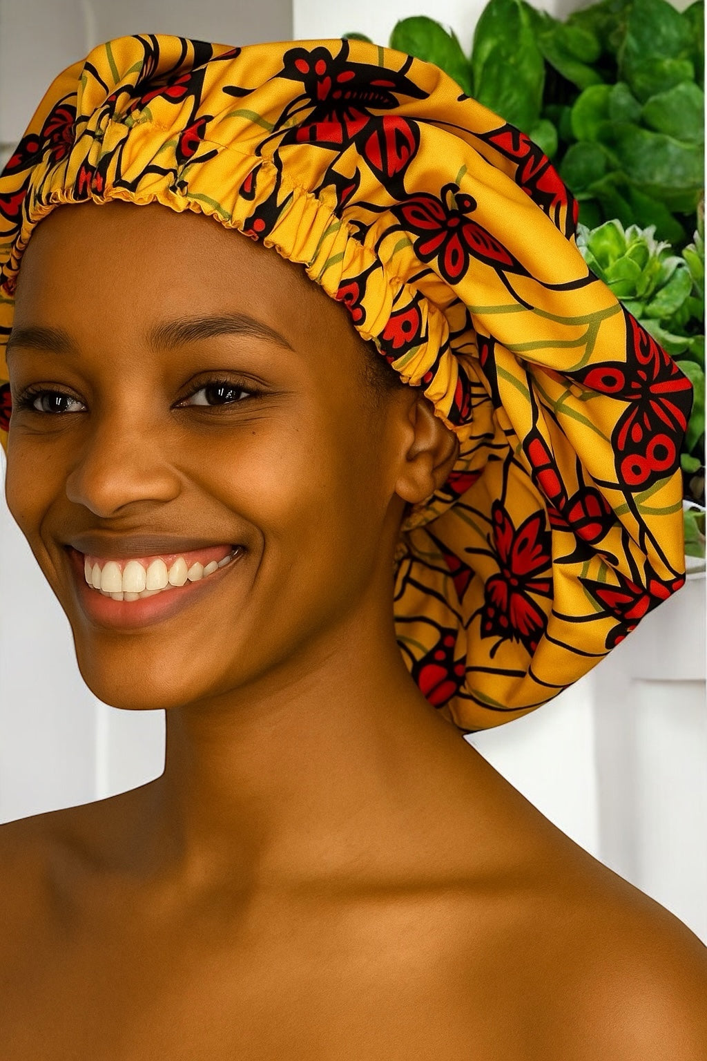 Bold Butterfly Print Satin Silk Bonnet – Yellow & Red Hair Wrap for Braids & Curls UK - Fatisha Boutique #