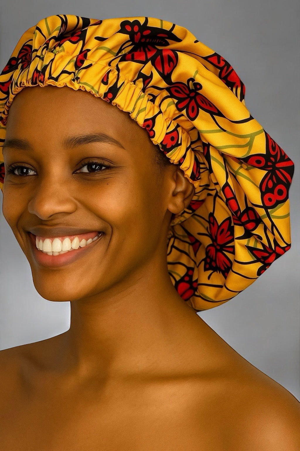 Bold Butterfly Print Satin Silk Bonnet – Yellow & Red Hair Wrap for Braids & Curls UK - Fatisha Boutique #