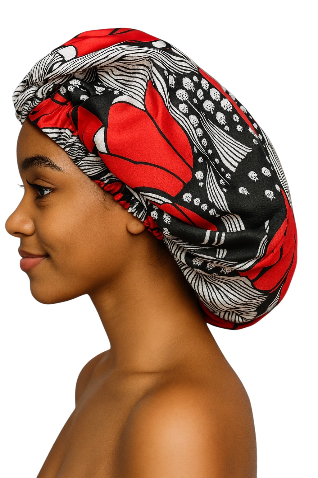 Red & Black Floral Satin Bonnet – Protective Sleep Cap for Natural Hair & Braids UK - Fatisha Boutique #
