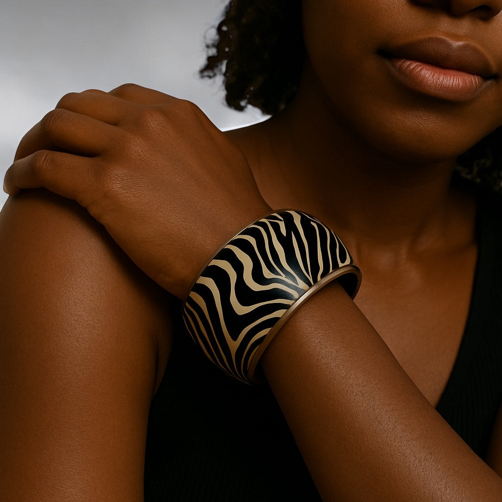 Wide Chunky Tiger Print Ethnic Wooden Brass Bangle Bracelet – Handmade