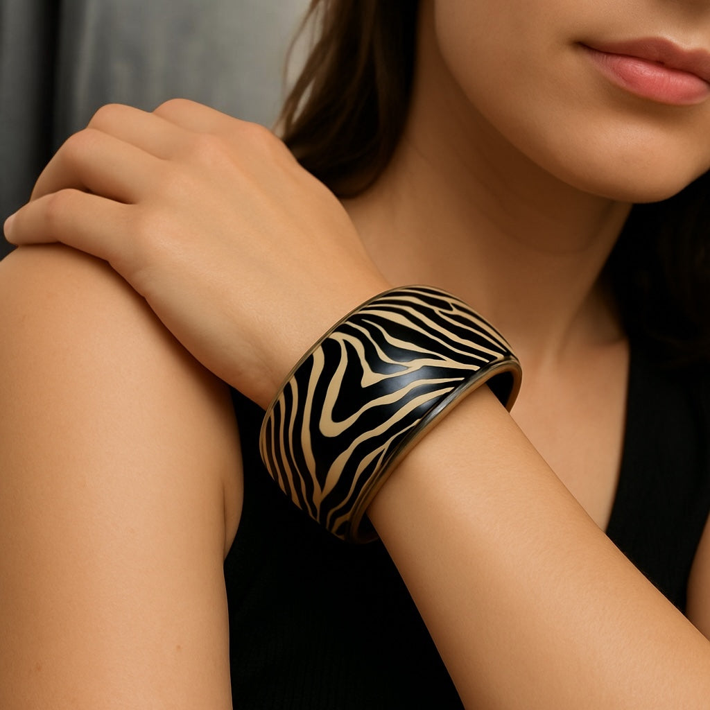 Wide Chunky Tiger Print Ethnic Wooden Brass Bangle Bracelet – Handmade