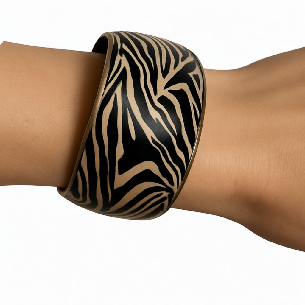 Wide Chunky Tiger Print Ethnic Wooden Brass Bangle Bracelet – Handmade