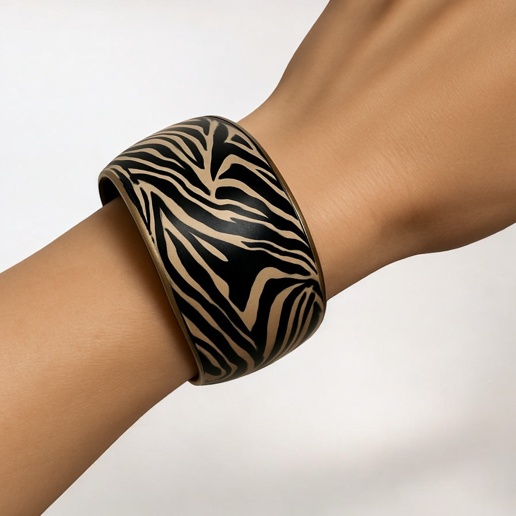 Wide Chunky Tiger Print Ethnic Wooden Brass Bangle Bracelet – Handmade