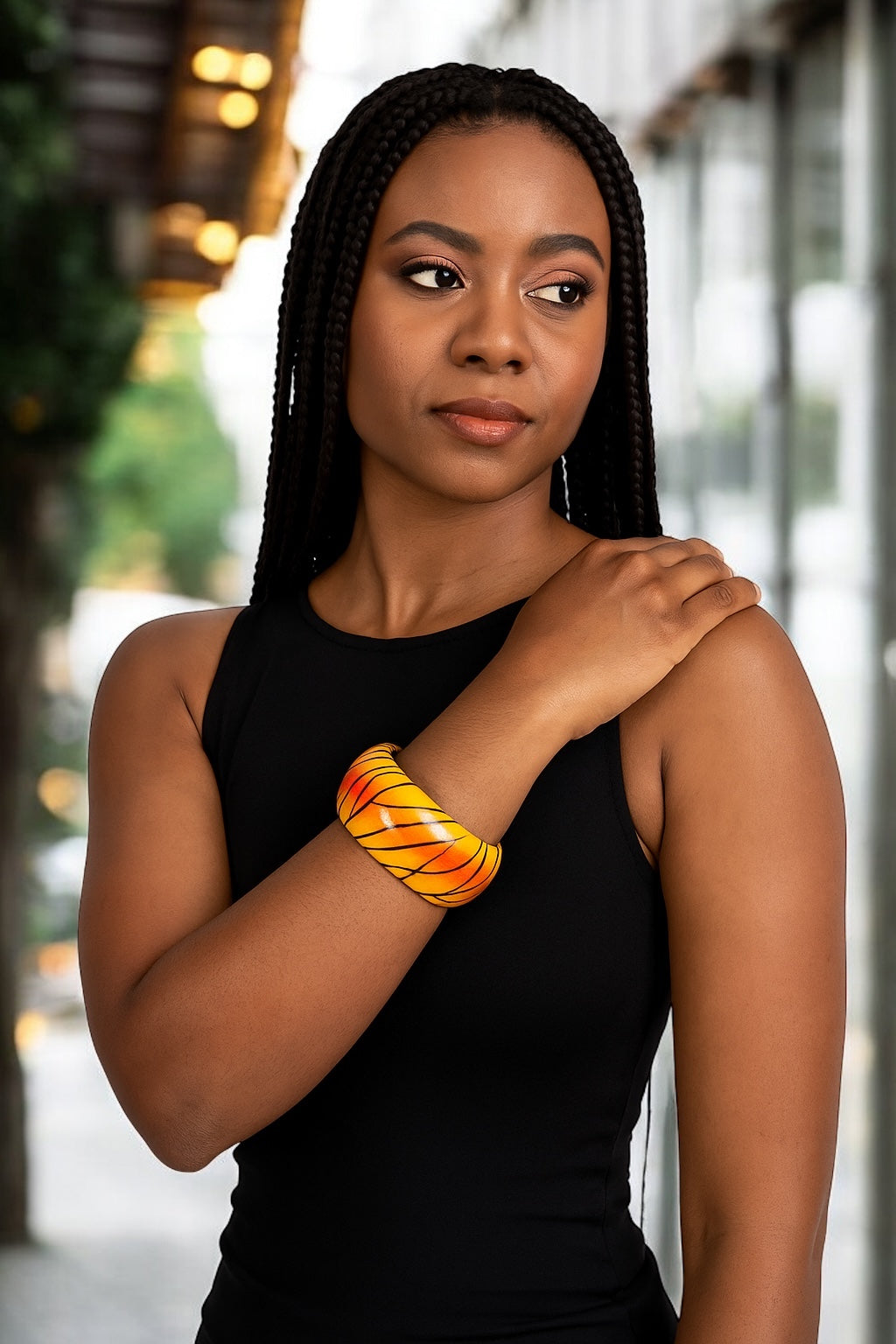Fiery Abstract Wooden Bangle – Chunky Hand-Painted Tribal Boho Bracelet - Fatisha Boutique #